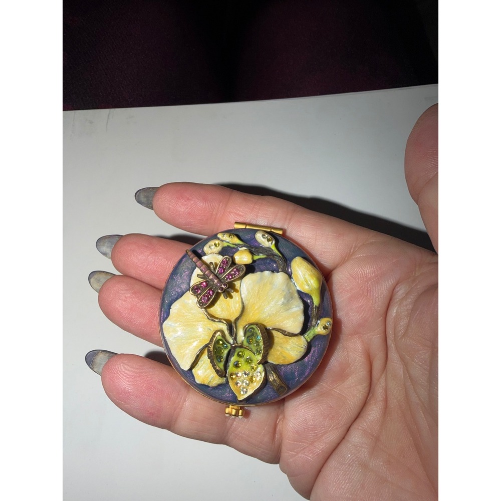 Jay Strongwater Vintage Enameled Compact Mirror Dragonfly Floral Jeweled Retired